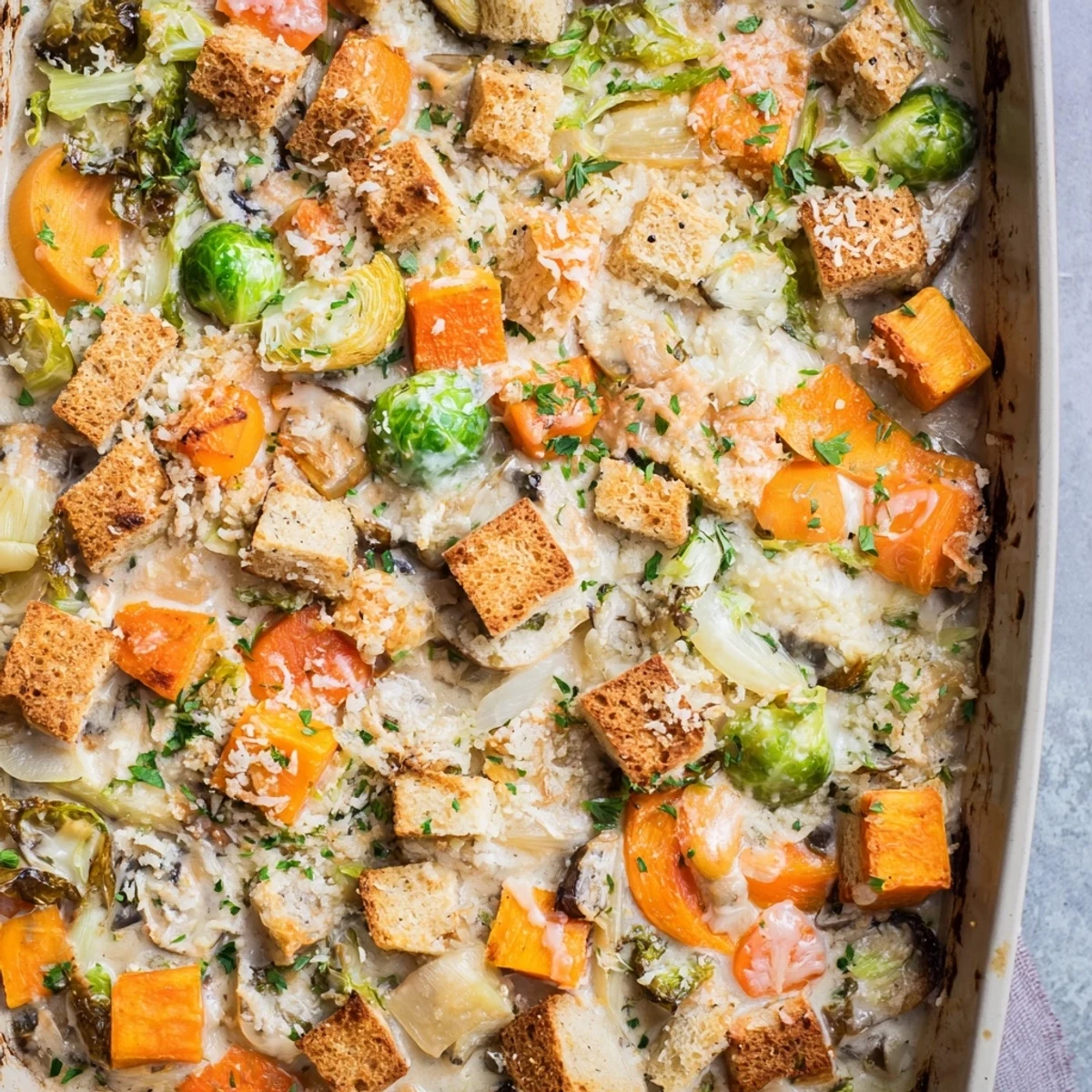 Oven-baked casserole dish layered with tender roasted squash parsnips and carrots in rich herbed cream sauce
