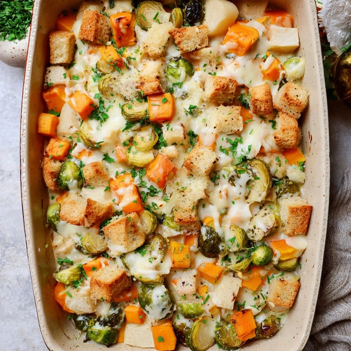 Golden bubbly creamy winter vegetable casserole topped with melted Gruyère cheese and buttery panko breadcrumbs