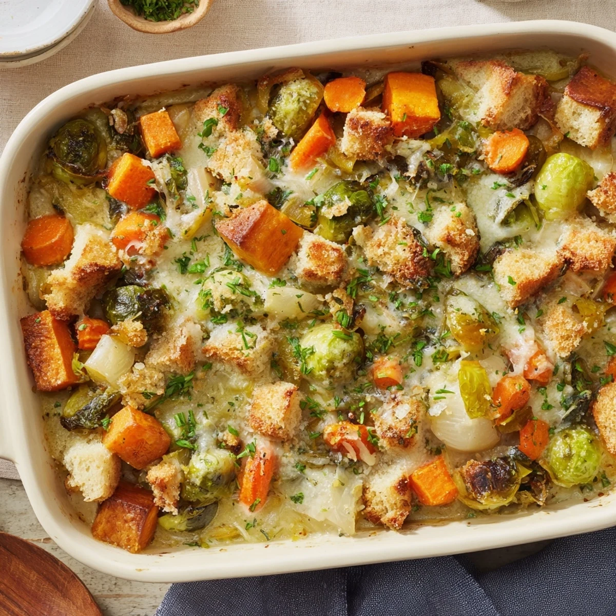 Comforting winter vegetable casserole with golden crispy topping served steaming hot on a white ceramic plate
