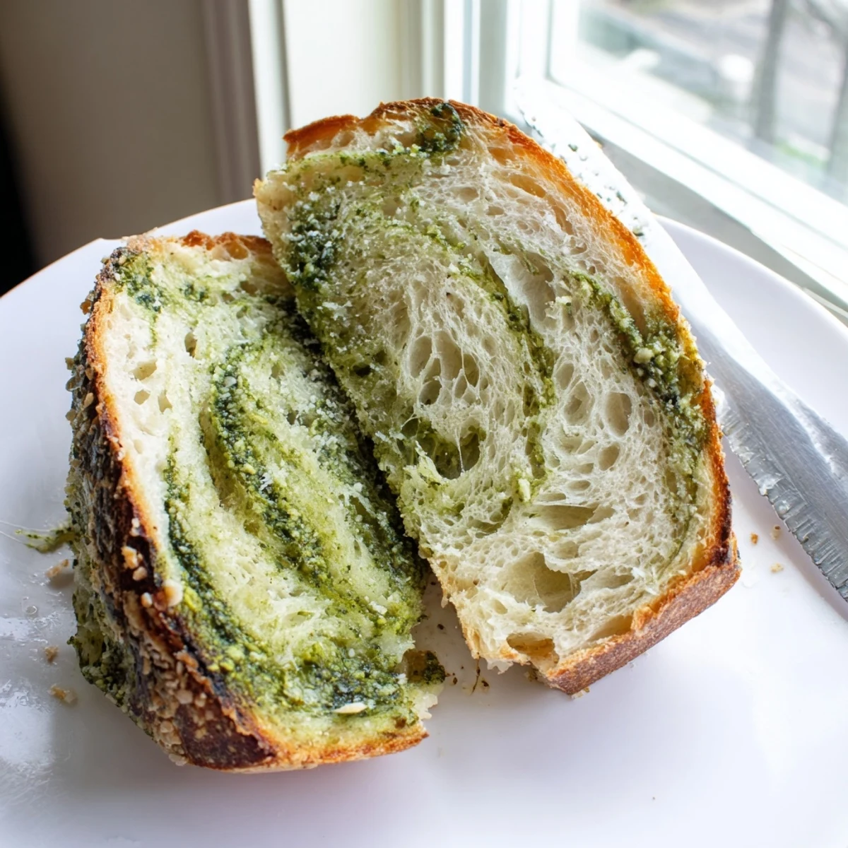 Rustic pesto Parmesan sourdough bread loaf with golden crust and green herb swirls