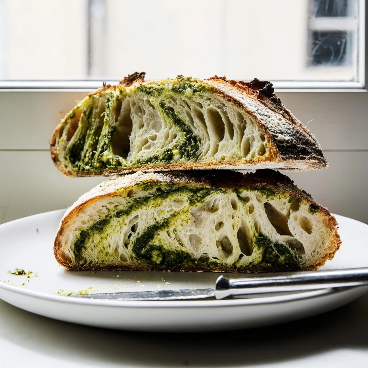 Golden brown pesto Parmesan sourdough loaf cooling on wire rack with crackling crust