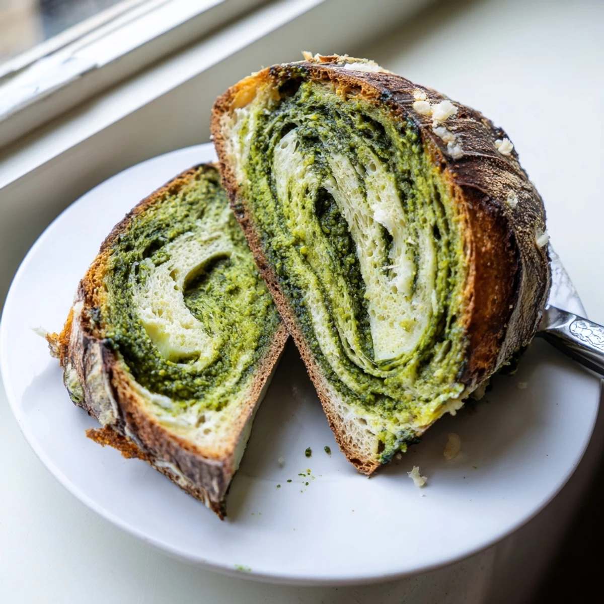 Freshly sliced pesto Parmesan sourdough revealing vibrant basil layers and melted cheese topping