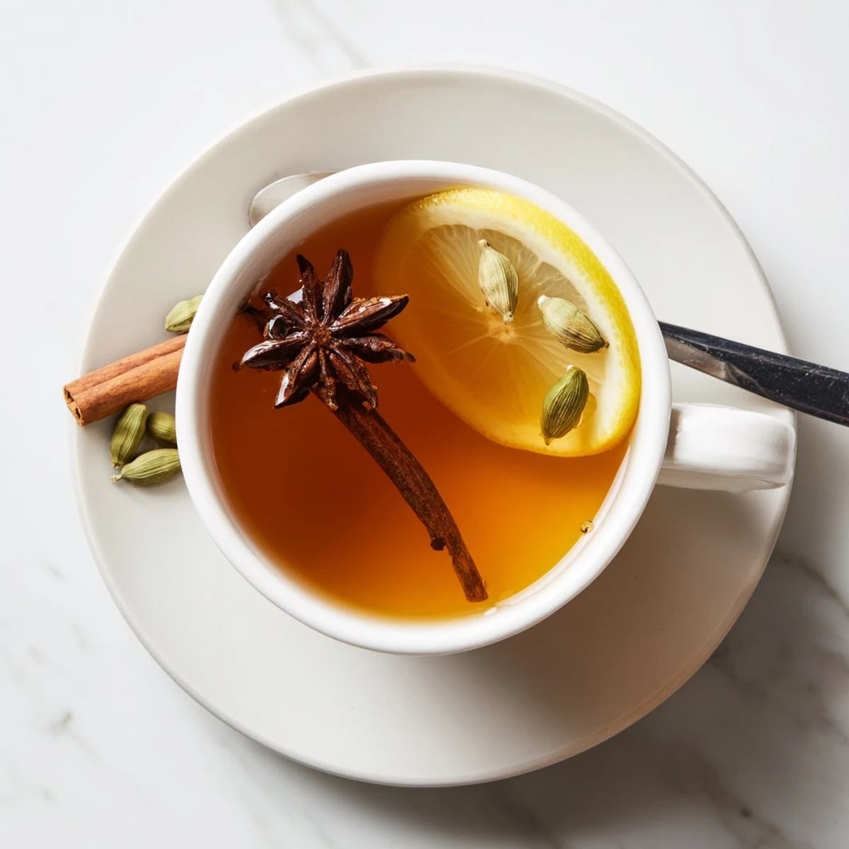 Aromatic Lebanese spiced tea poured from glass pot showing deep amber color with floating spice fragments