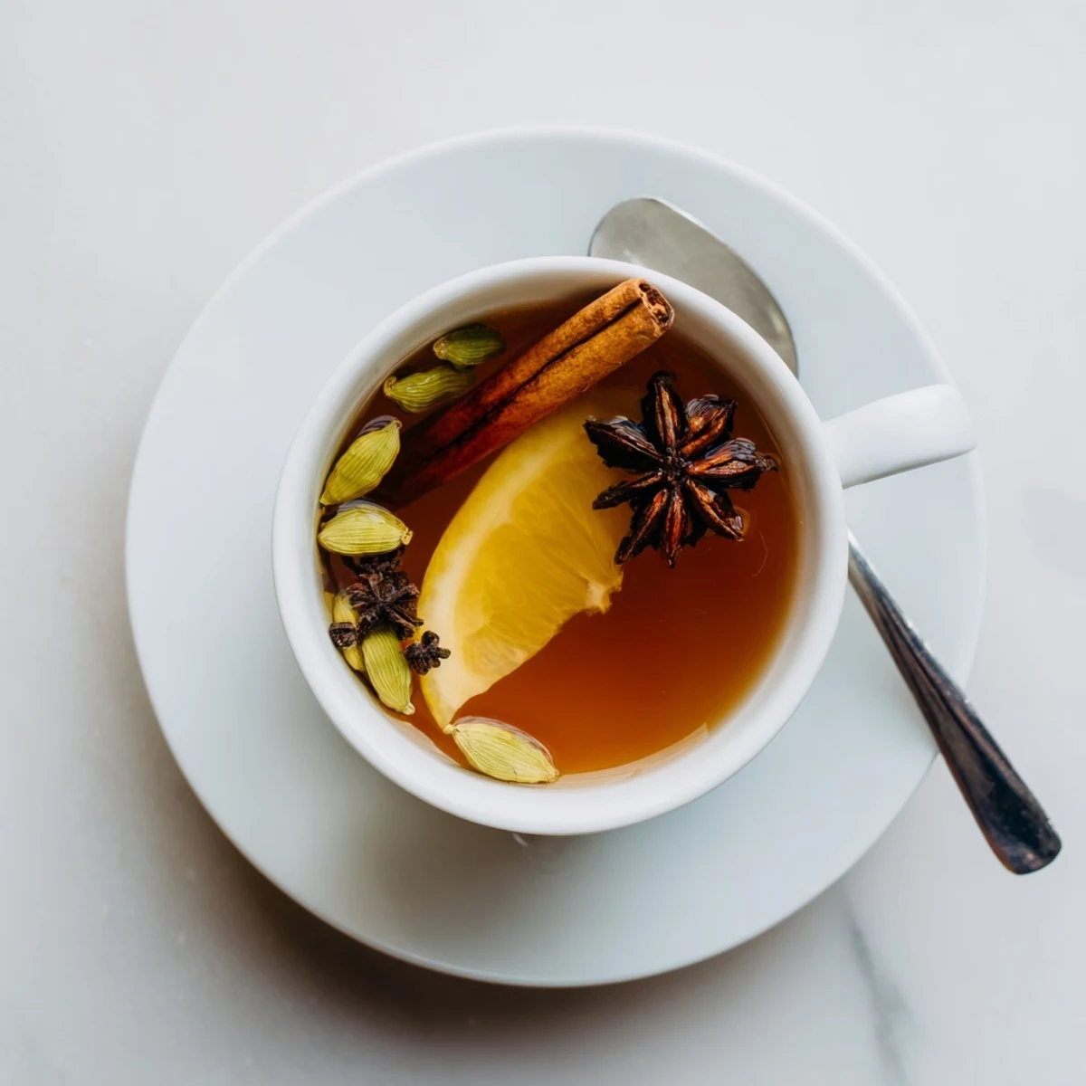 Golden Lebanese spiced tea steams in a white teacup with cinnamon stick and cardamom pods visible