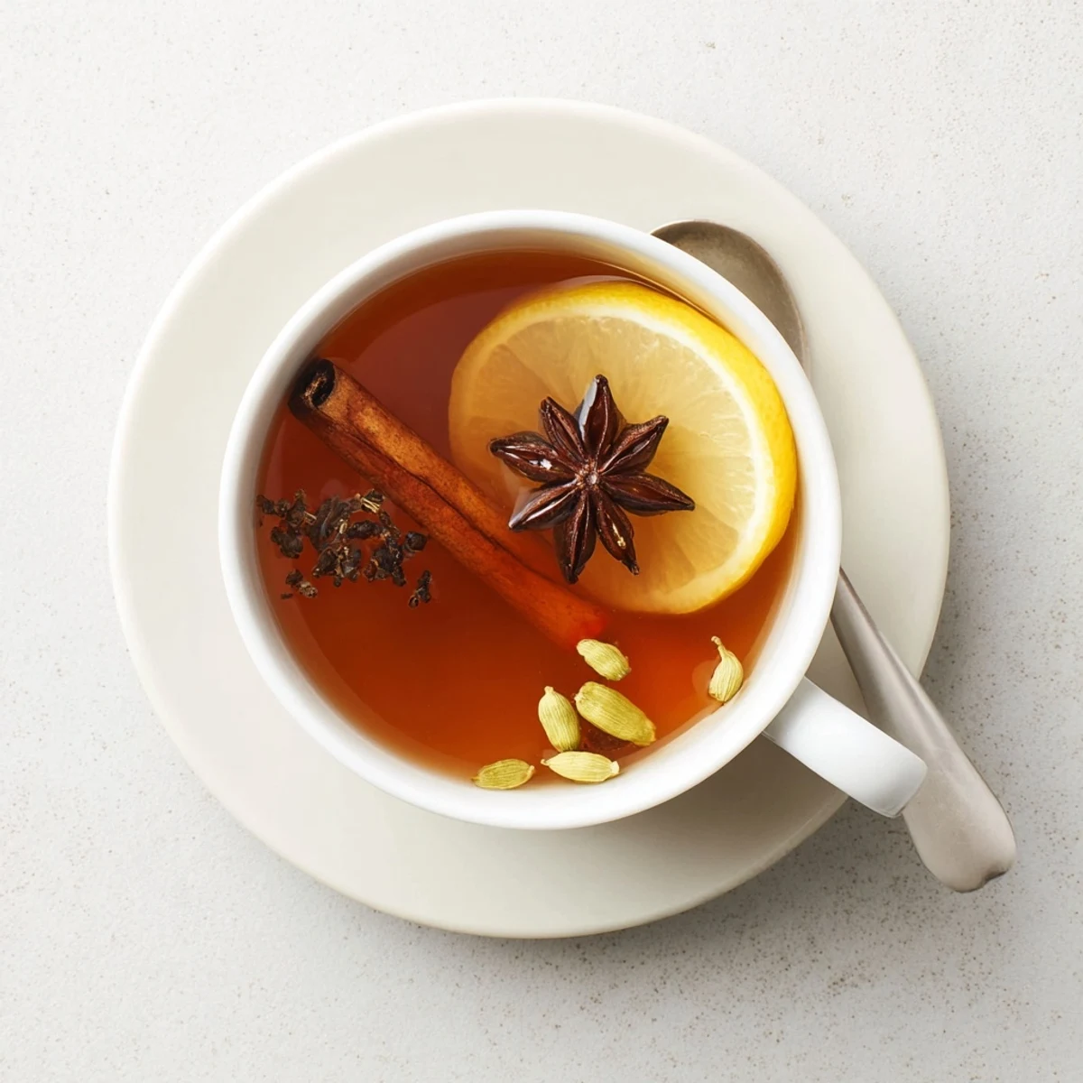 Cozy Lebanese spiced tea served with lemon wedge garnish on wooden table alongside baklava pastry