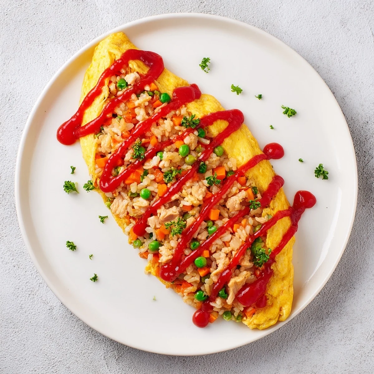 Fluffy omelet covering mounded fried rice drizzled with red ketchup in this omurice recipe