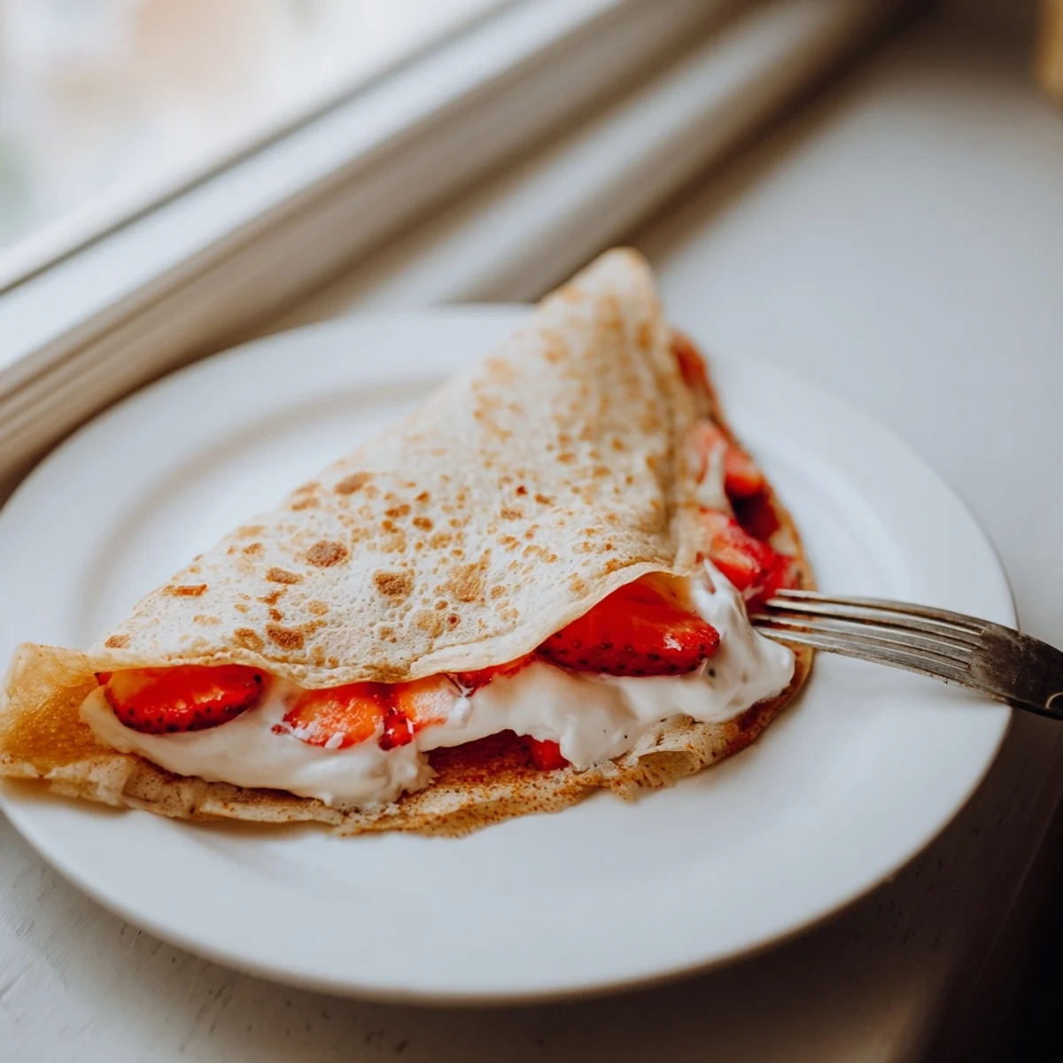 Golden healthy oatmeal crepes stacked on a white plate with fresh berries and honey drizzle