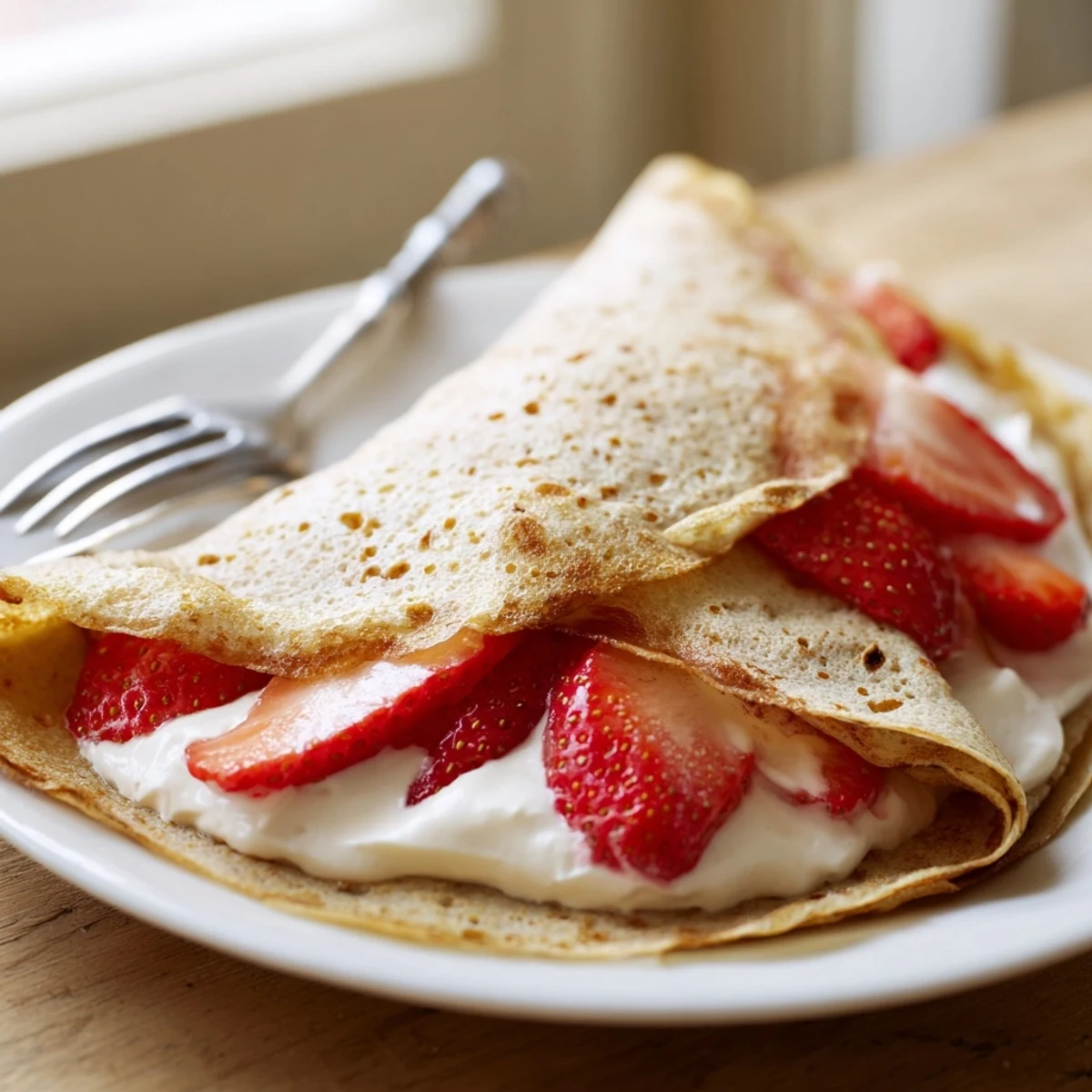 Light tender oatmeal crepes folded over Greek yogurt and sliced bananas for wholesome breakfast