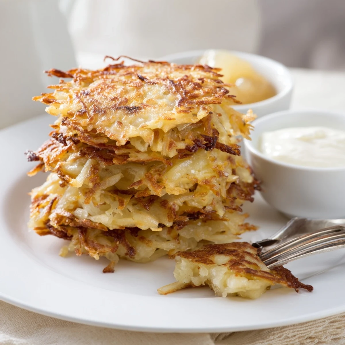 Golden brown German potato pancakes stacked on a white plate with dollop of creamy sour cream