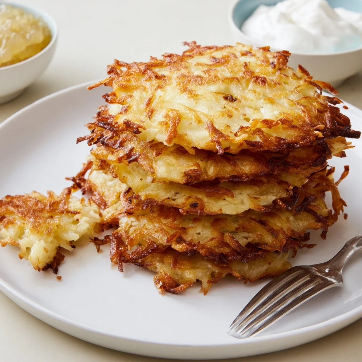 Traditional German potato pancakes sizzling in skillet with golden edges and fluffy potato interior