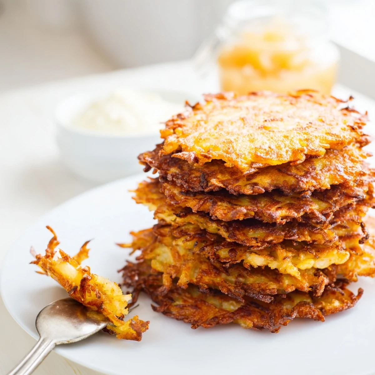 Crispy fried German potato pancakes served piping hot alongside chilled applesauce for dipping