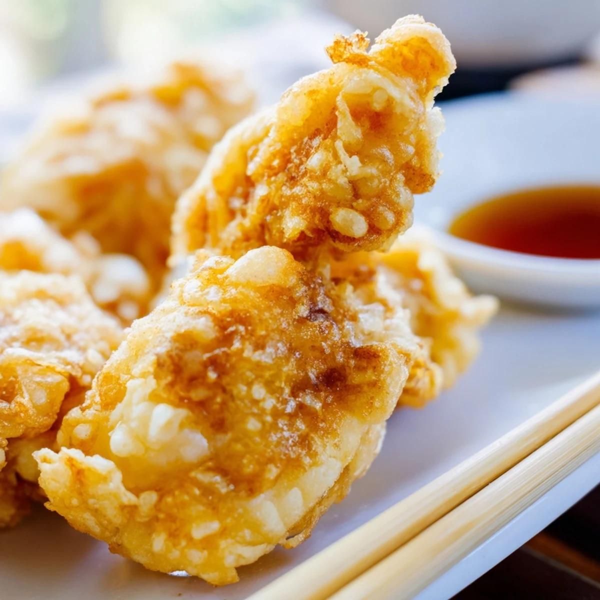 Golden chicken tempura pieces with crispy light batter served alongside tangy dipping sauce