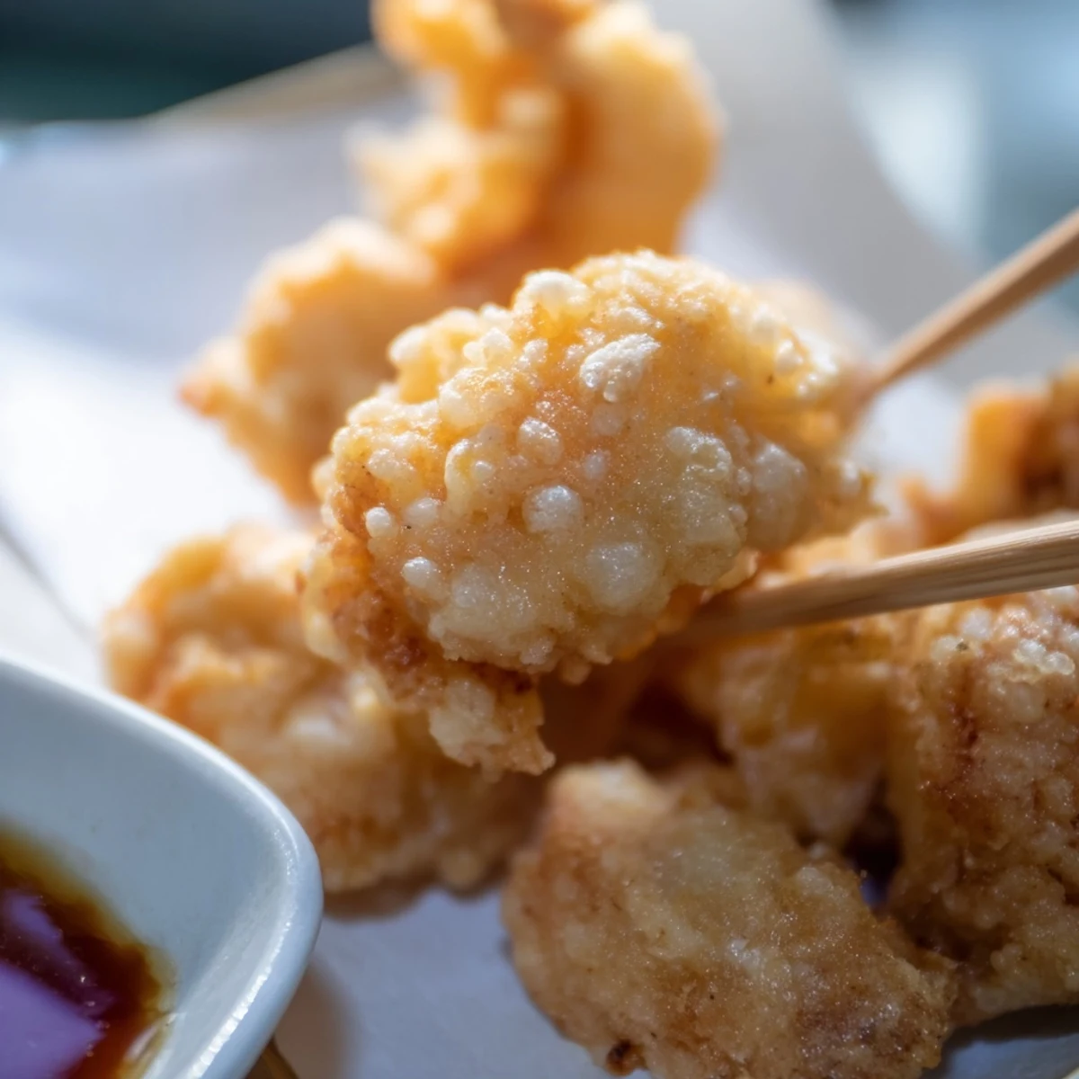 Japanese-style chicken tempura featuring fried golden strips arranged on white plate with savory sauce