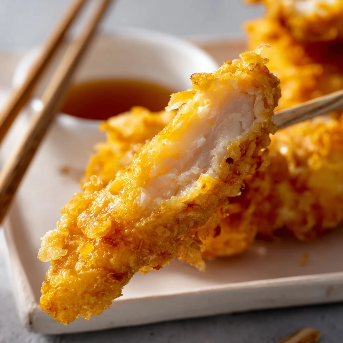 Crispy battered chicken tempura plated with soy-based dipping sauce for appetizers or main dishes