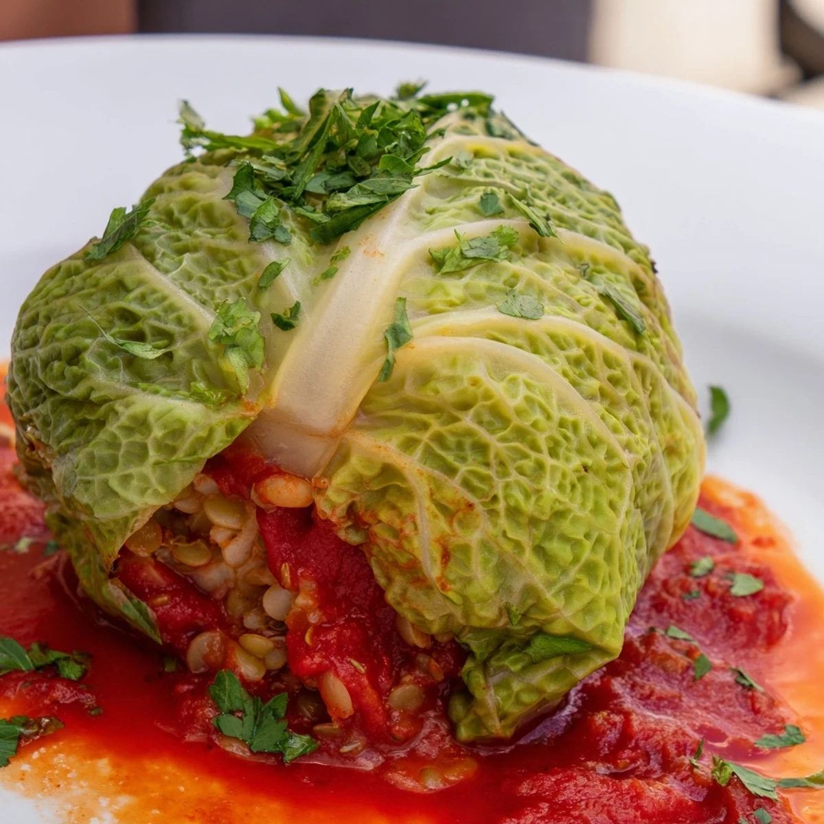 Golden vegan cabbage rolls baked in rich tomato sauce with lentil rice filling