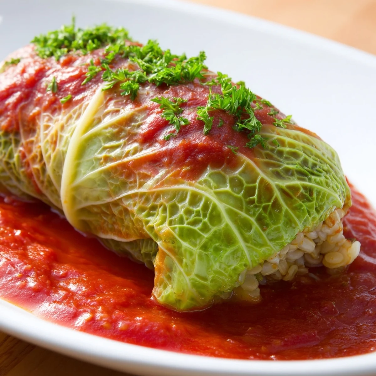 Plump green cabbage leaves stuffed with savory lentils and rice in tangy tomato sauce