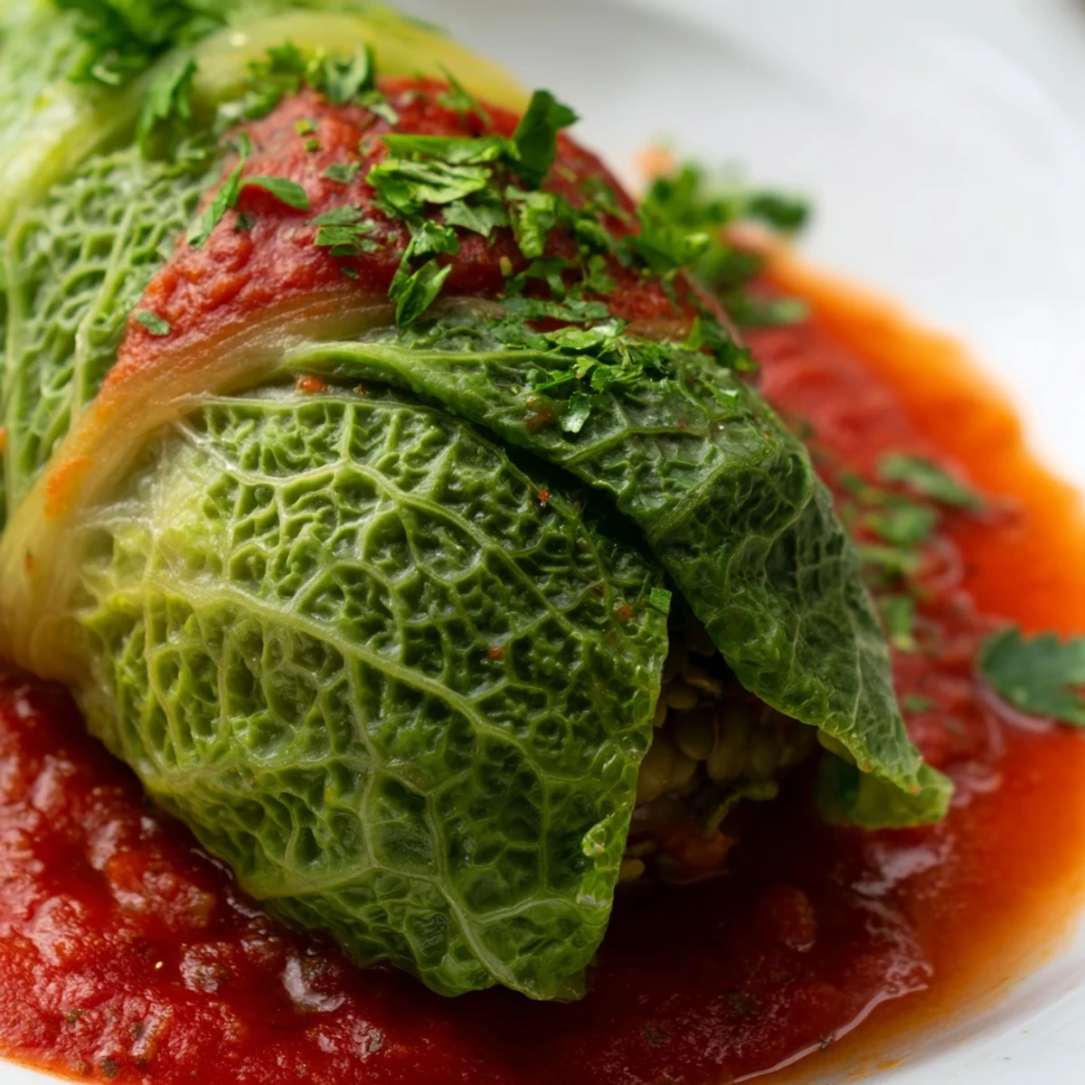 Baked vegan cabbage rolls showcasing tender wrapped leaves simmering in seasoned red tomato sauce