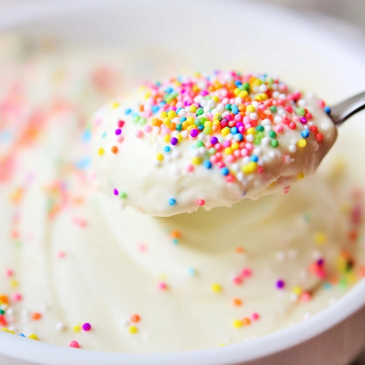 Creamy high protein Dunkaroo dip topped with colorful rainbow sprinkles in a serving bowl