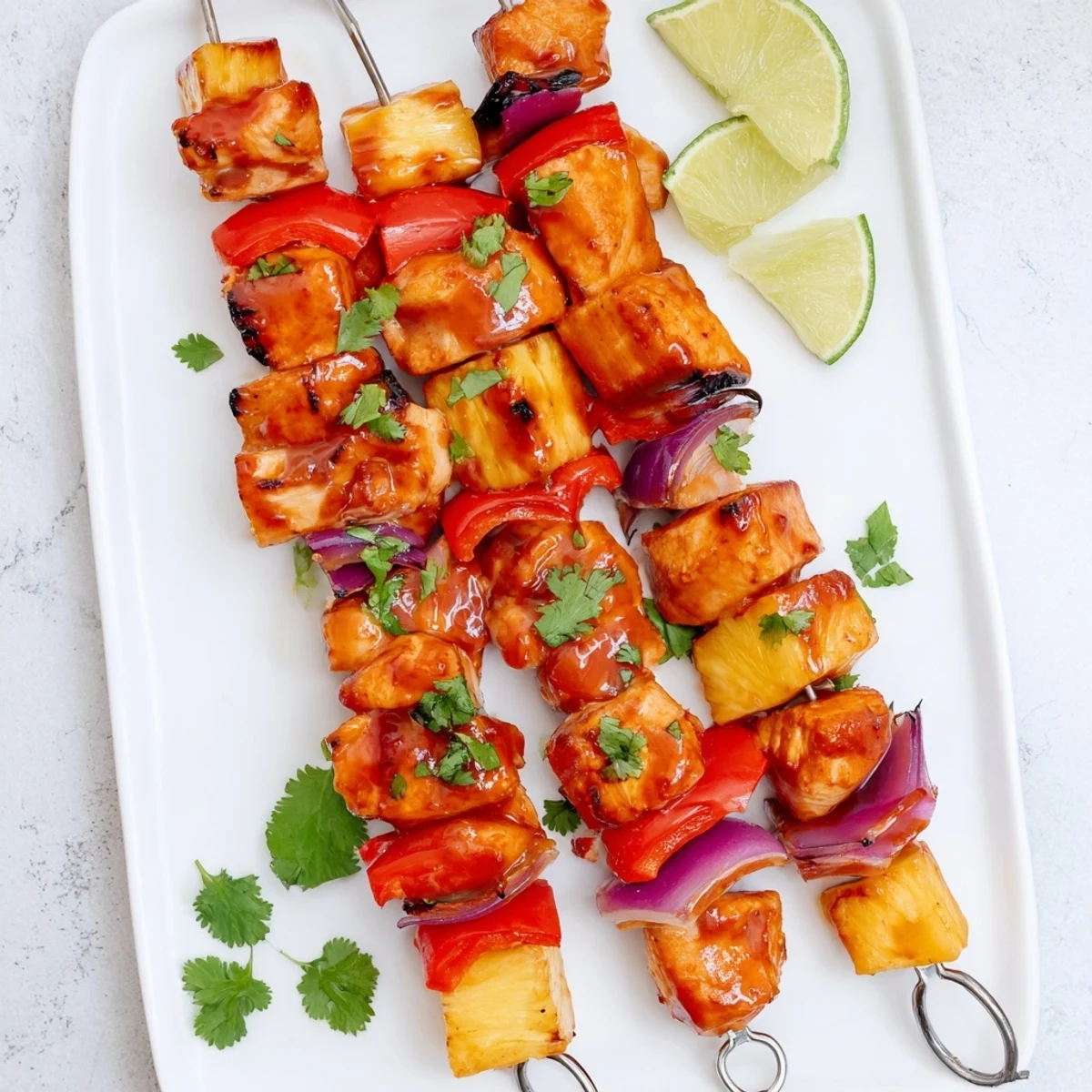 Golden grilled chicken and pineapple BBQ skewers with smoky char marks and colorful vegetables on a wooden platter