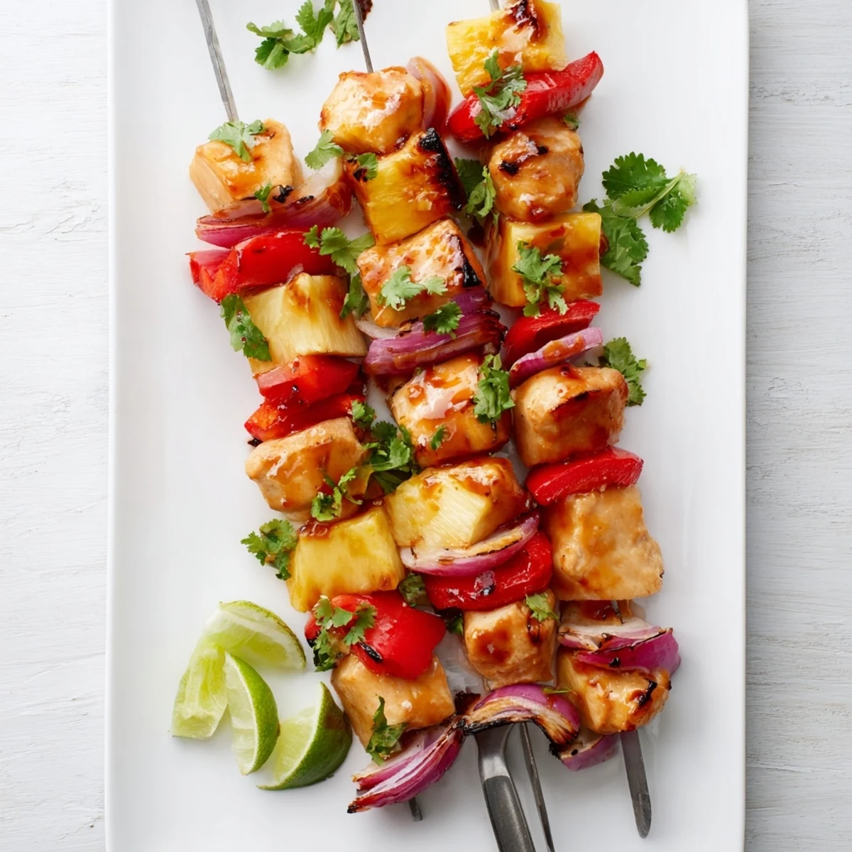 Juicy chicken and sweet pineapple chunks threaded on skewers basted with tangy BBQ sauce on a hot grill