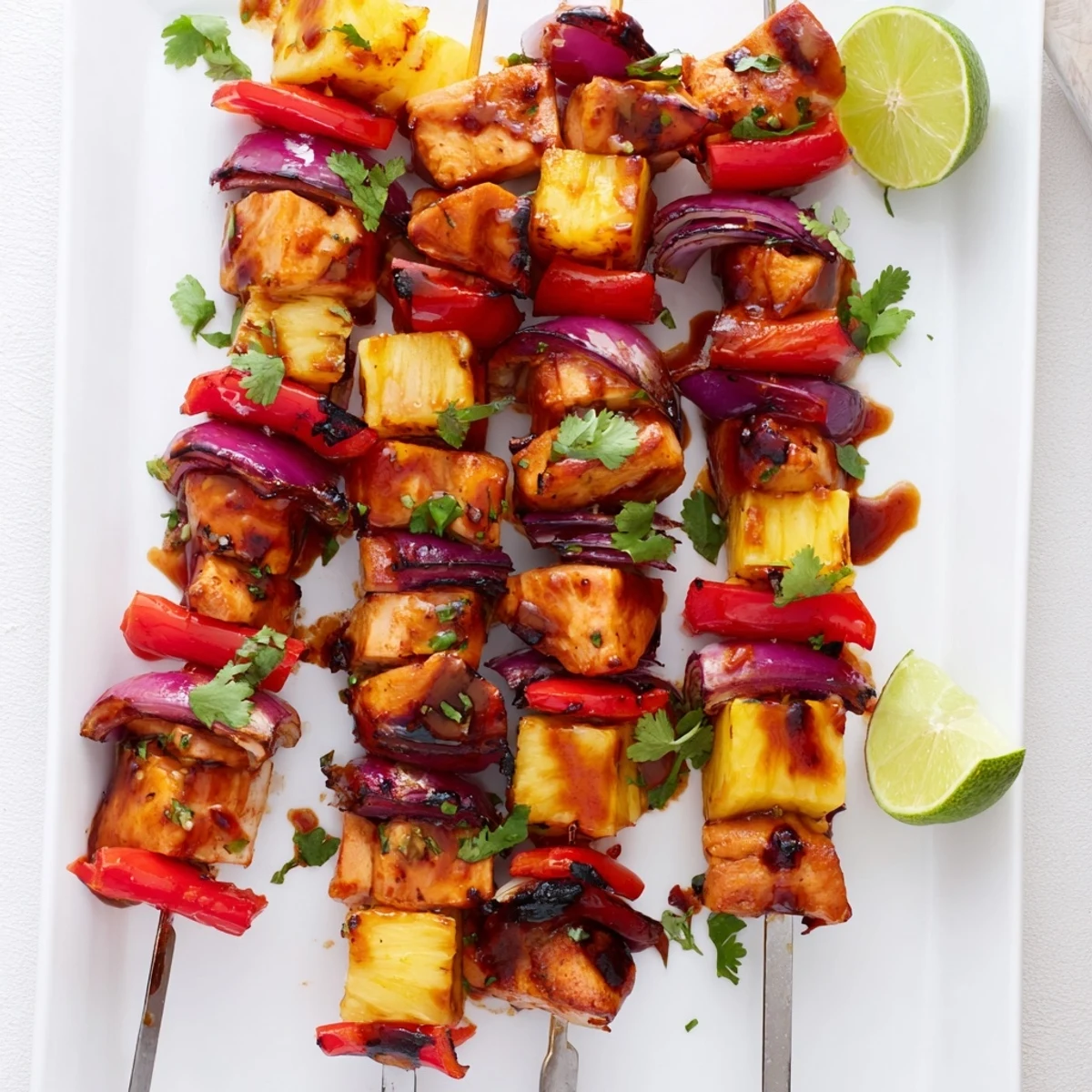 Chicken and pineapple BBQ skewers featuring caramelized pineapple pieces and tender chicken with fresh cilantro garnish