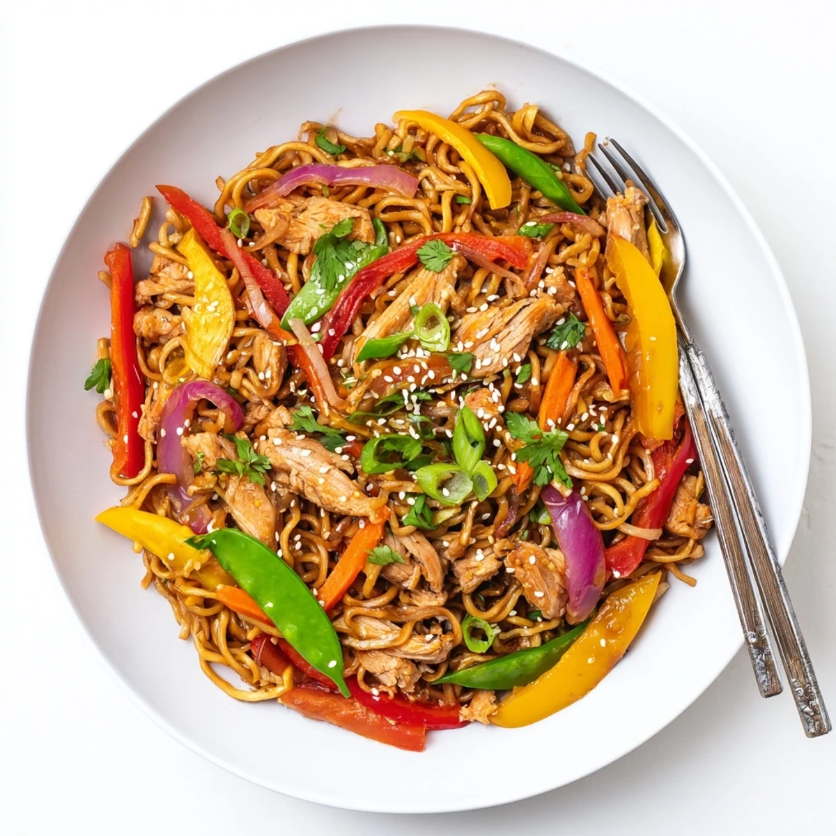 Vibrant wok-fried sweet chilli turkey noodle stir fry garnished with sesame seeds and fresh coriander