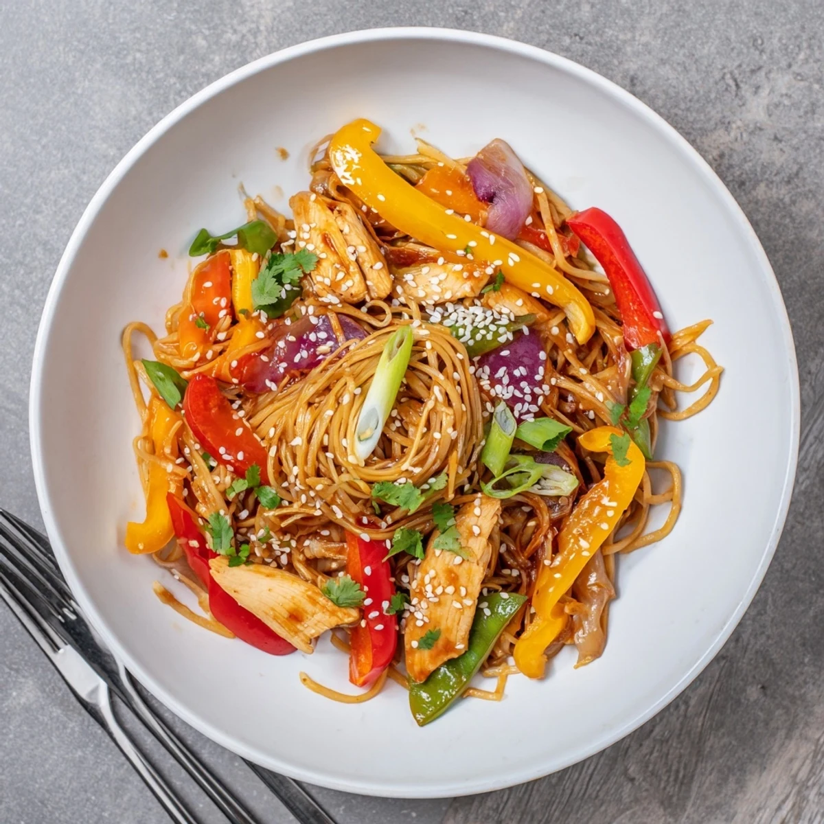 Golden sweet chilli turkey noodle stir fry featuring crisp vegetables and tender noodles tossed in tangy sauce