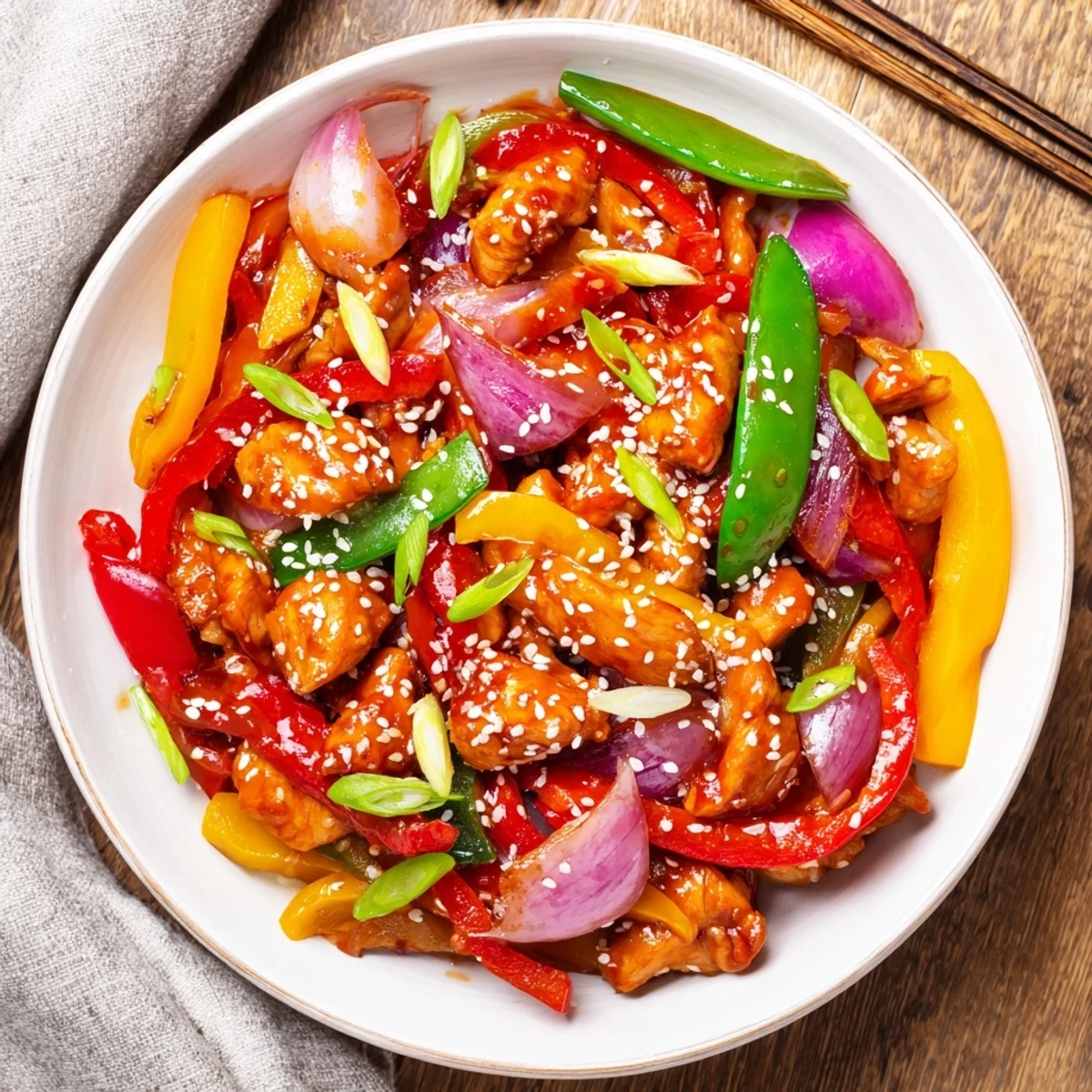 Golden chicken pieces coated in glossy sweet chili sauce with colorful bell peppers and snap peas
