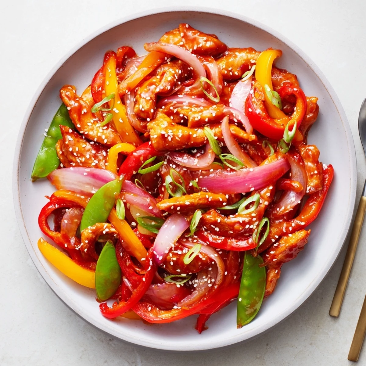 Weeknight dinner of sweet chili chicken stir fry garnished with sesame seeds and fresh spring onions