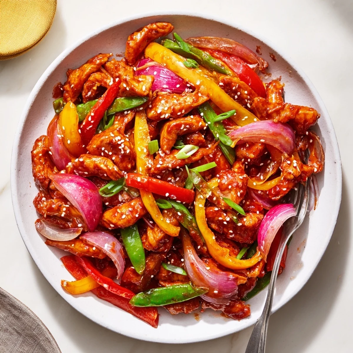 Vibrant stir fry bowl featuring tender chicken in tangy sweet chili glaze over crisp vegetables