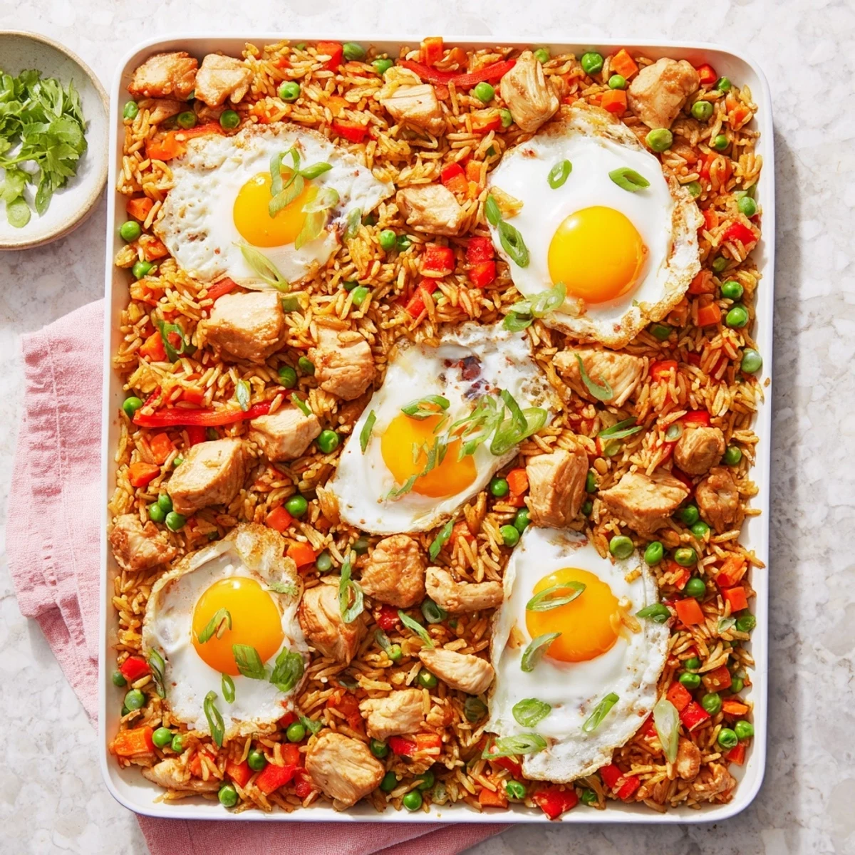Golden Nasi Goreng tray bake with chicken, colorful vegetables, and perfectly baked eggs in a golden, bubbling rice dish ready for serving