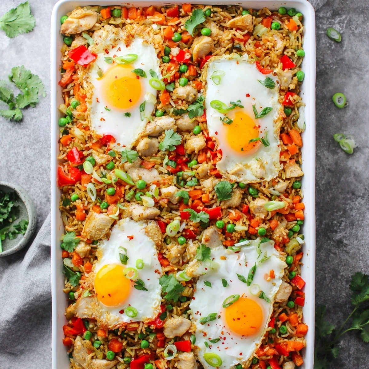 Colorful oven-baked Nasi Goreng tray with tender chicken pieces, vibrant peppers, peas, and soft-cooked eggs garnished with fresh spring onions