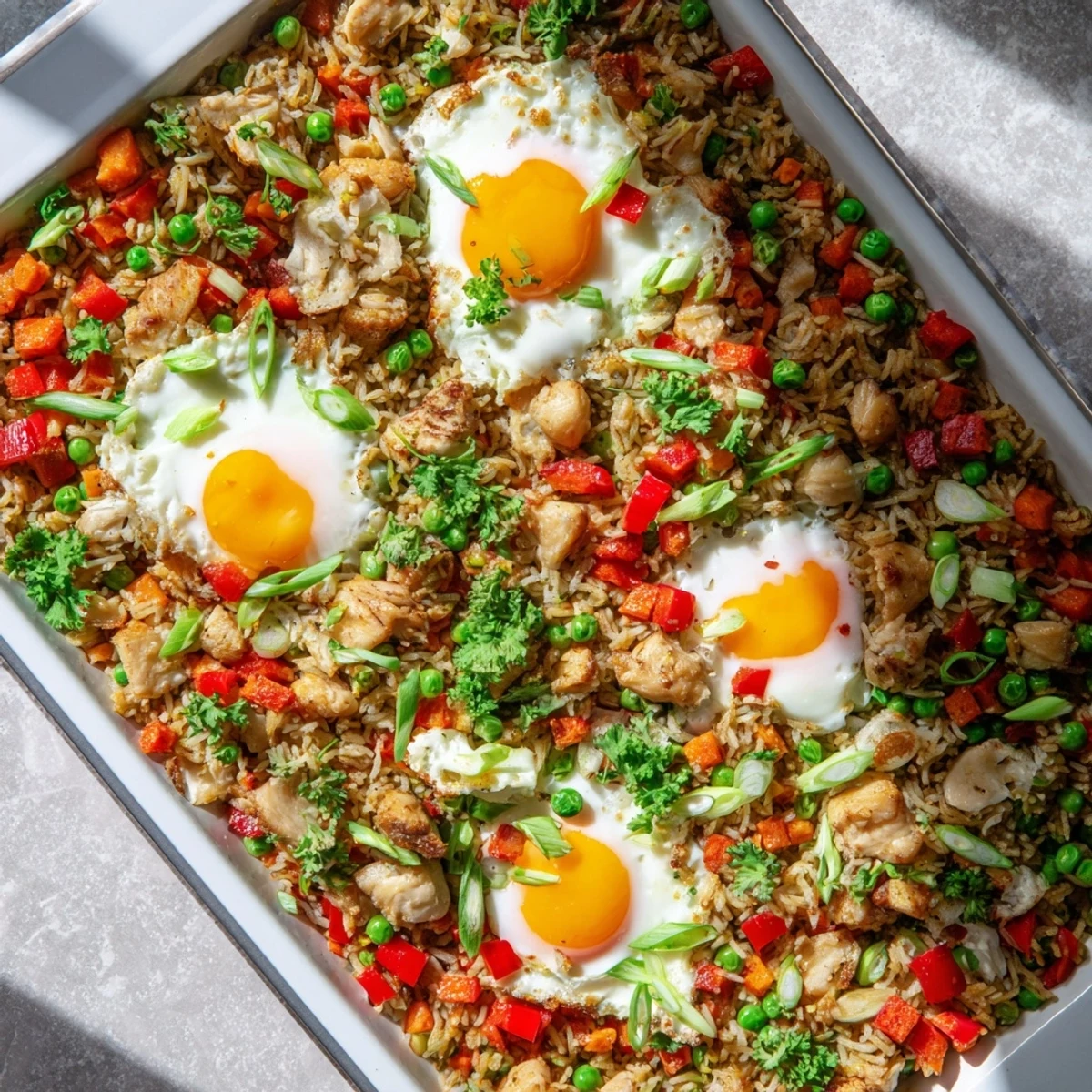 Steaming hot Nasi Goreng tray bake featuring fragrant spiced rice, juicy chicken, and runny yolks topped with crispy fried shallots and cilantro