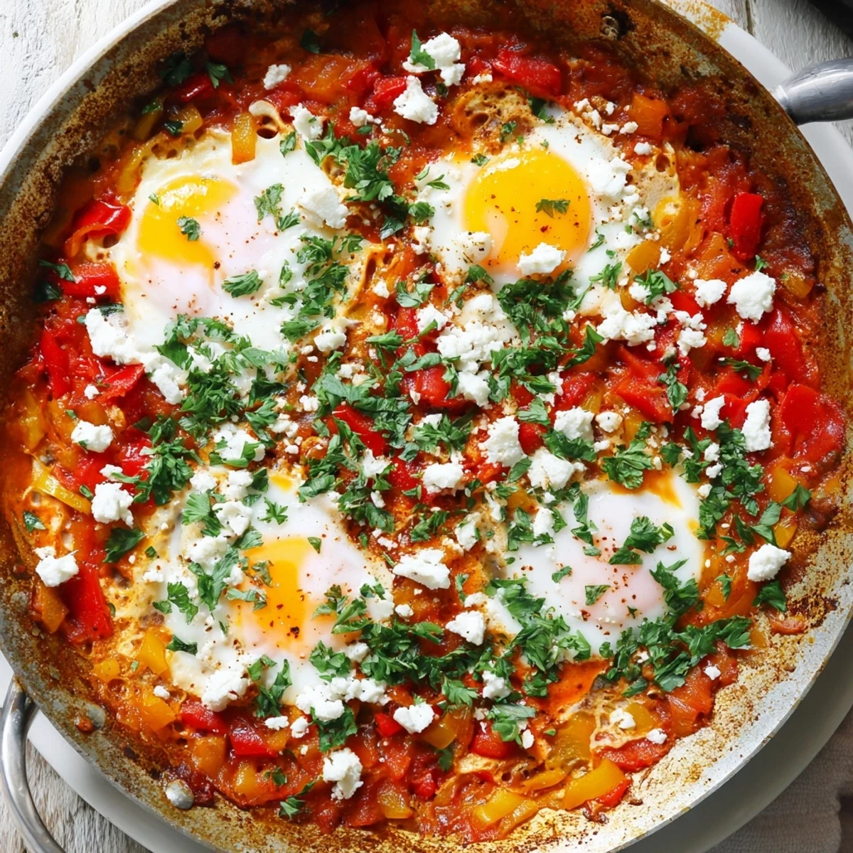 Golden shakshuka eggs poached in spicy tomato pepper sauce with fresh parsley garnish