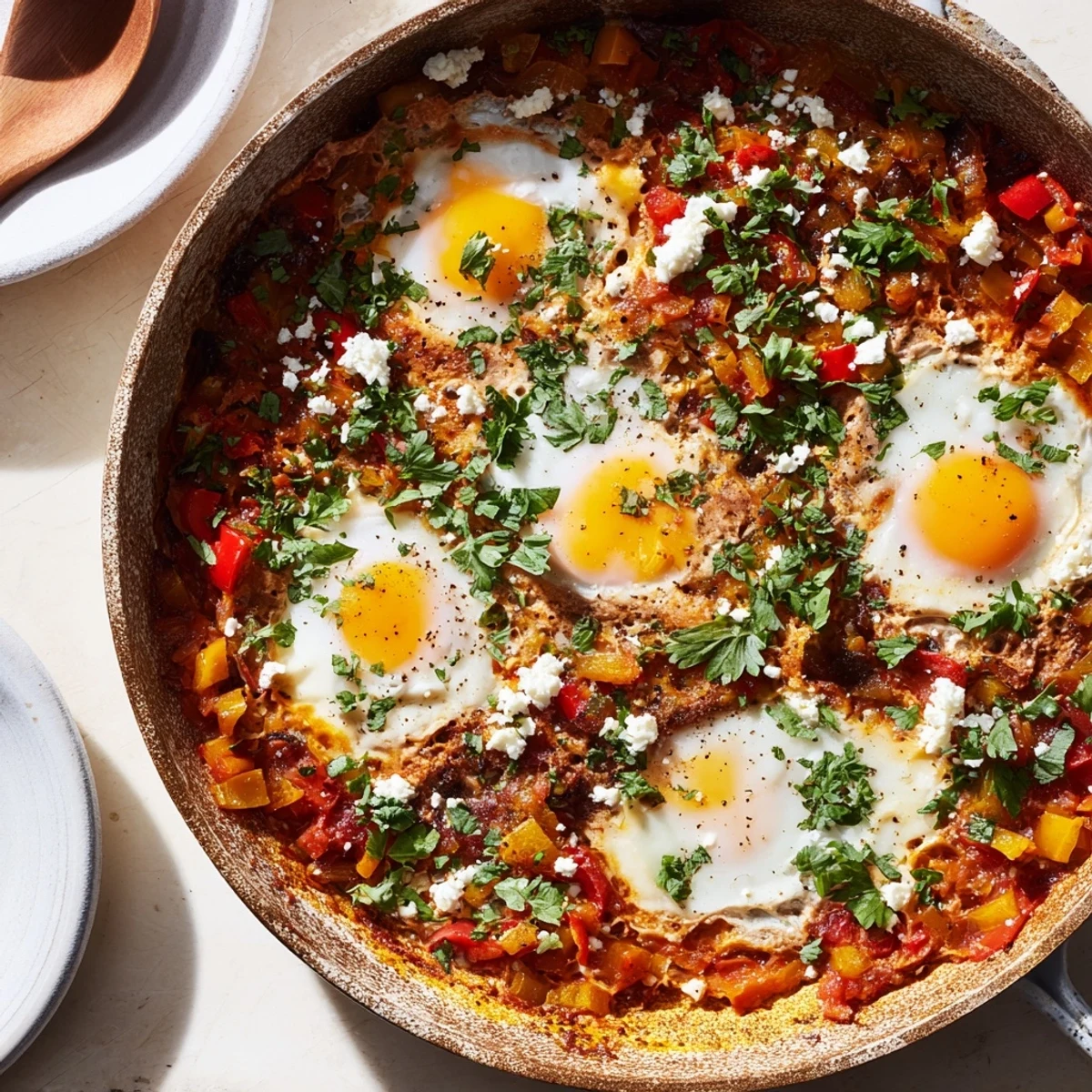Savory Middle Eastern shakshuka featuring four eggs simmered in cumin spiced tomato base