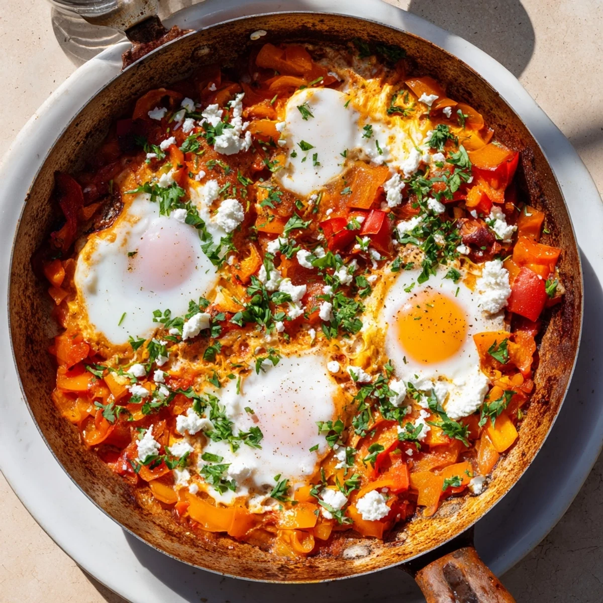 Iron skillet of quick shakshuka with runny yolks nestled in vibrant red sauce