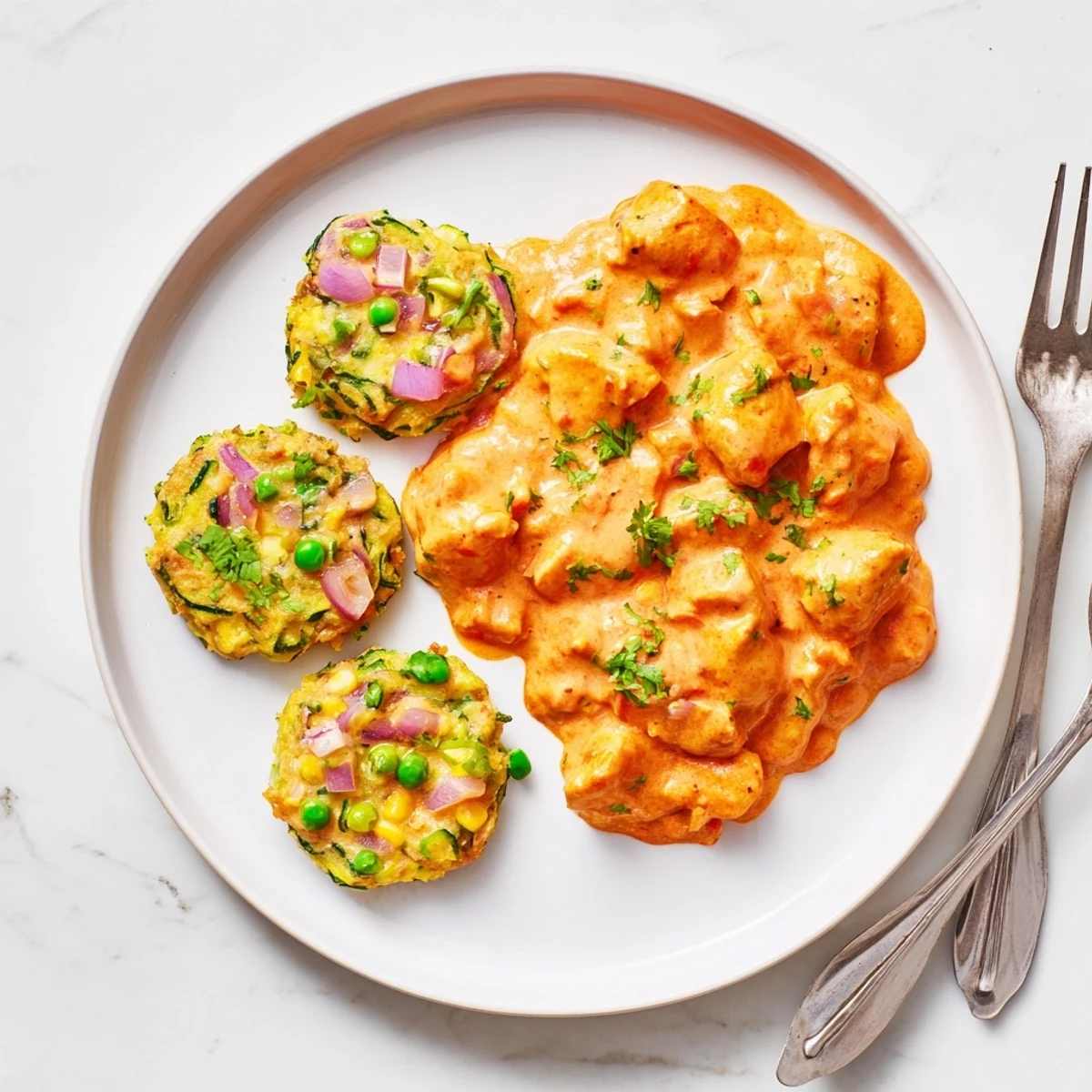 Golden vegetable fritters served beside creamy spiced butter chicken in tomato sauce