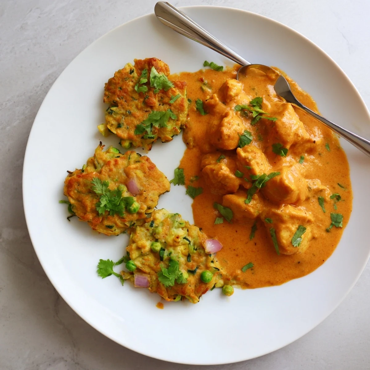 Crispy zucchini and carrot fritters paired with tender butter chicken in rich sauce