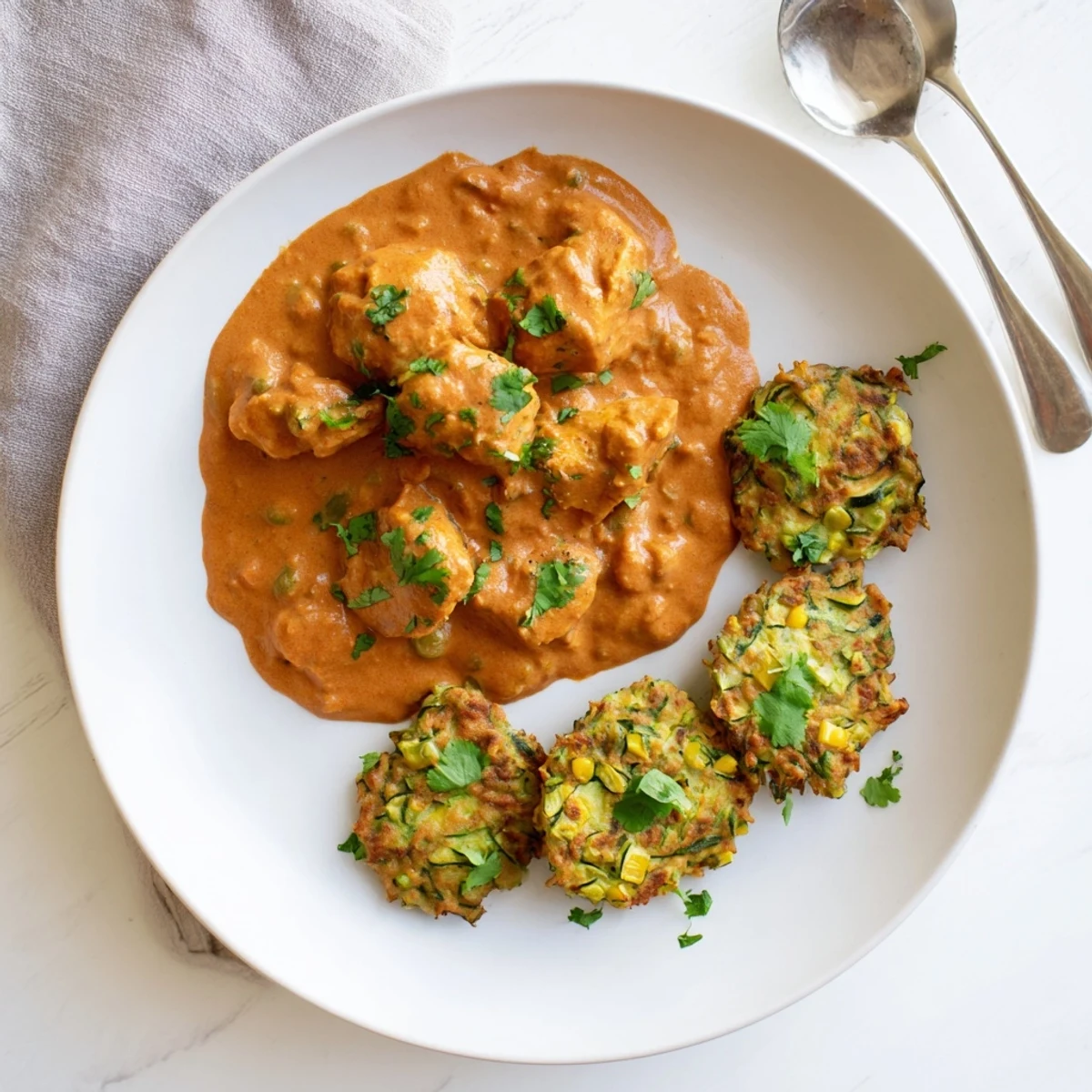 Plate of aromatic butter chicken alongside golden mixed vegetable fritters with fresh cilantro