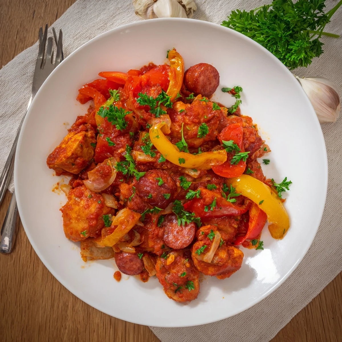 Golden chicken pieces and smoky chorizo sausage simmered with colorful capsicum in rich tomato sauce