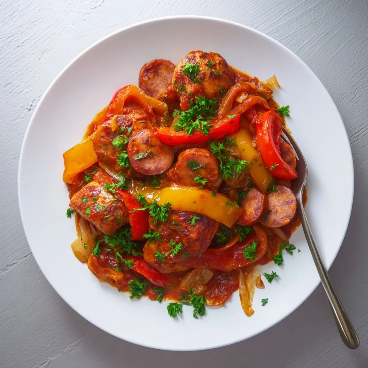 Tender chicken thighs and sliced chorizo pepper one-pan dish featuring red yellow peppers in thick tomato sauce