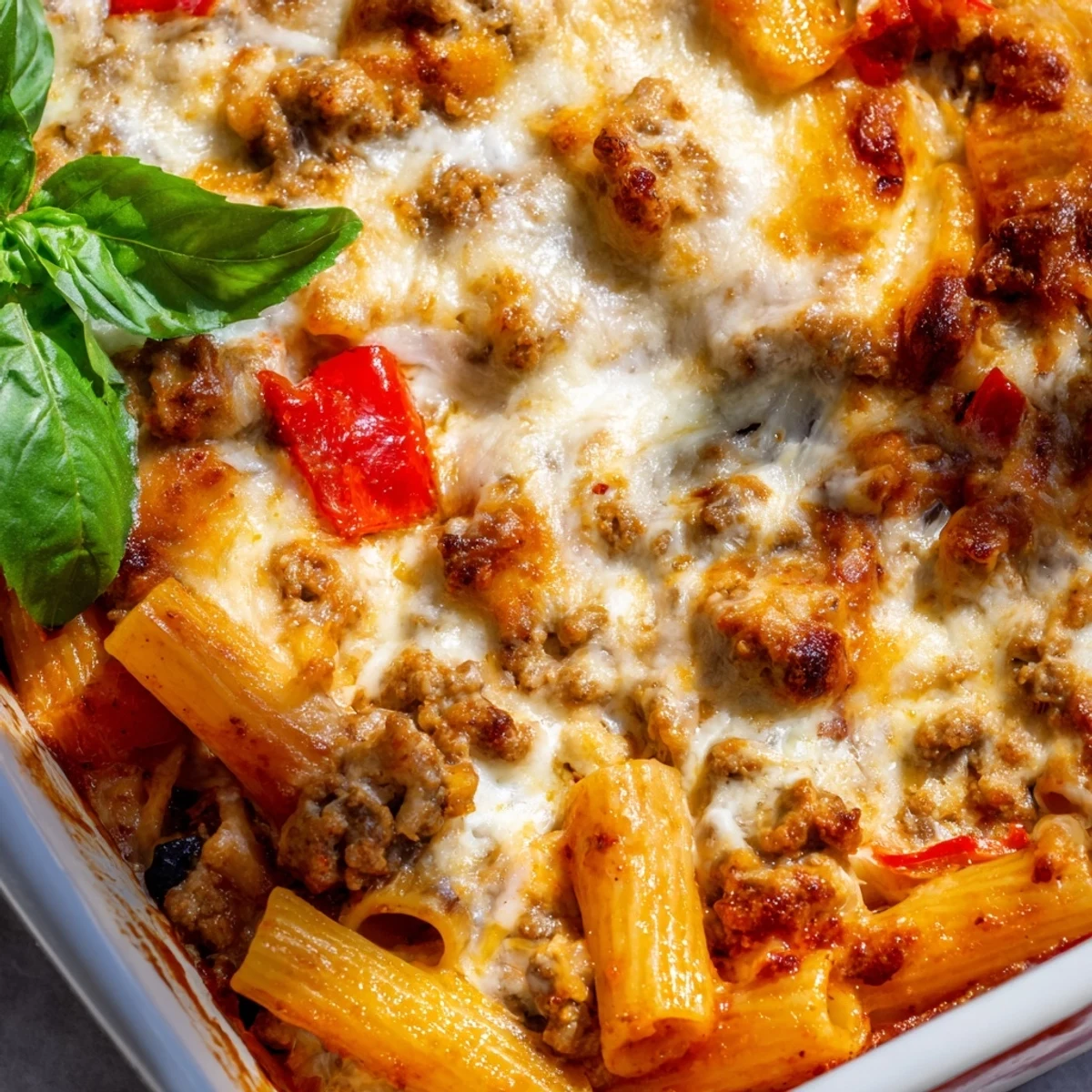 Steaming hot Italian sausage and penne pasta bake topped with mozzarella and fresh basil