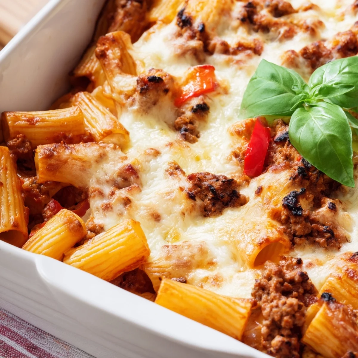 Golden melted cheese bubbling over a hearty sausage pasta bake with rich tomato sauce