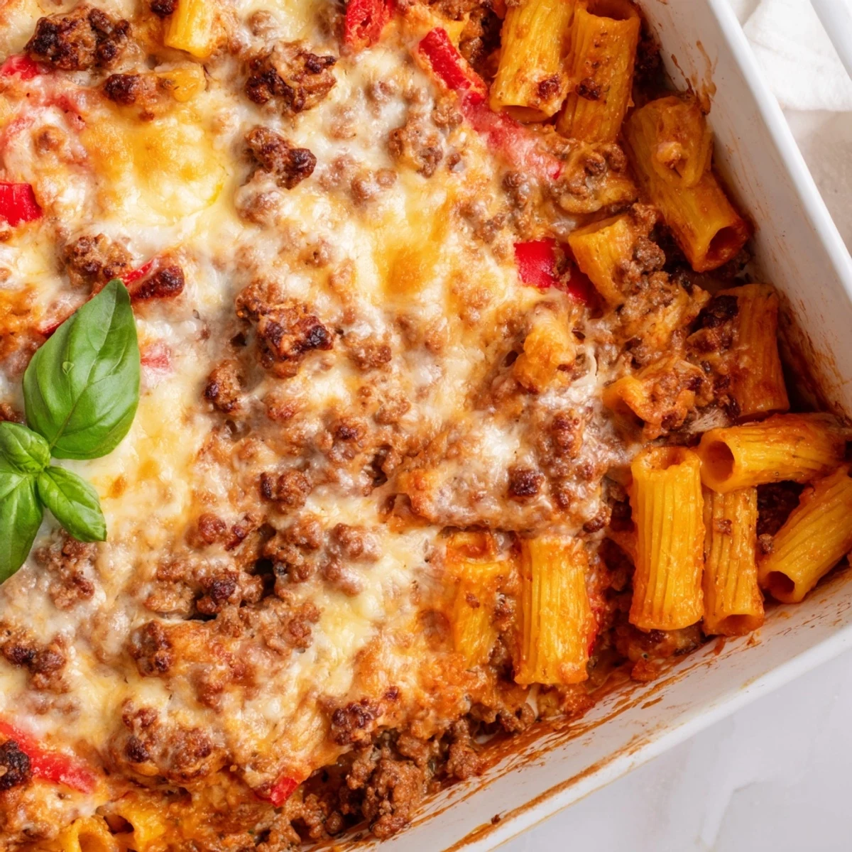 Oven-baked pasta dish with savory crumbled sausage, diced peppers, and golden parmesan crust
