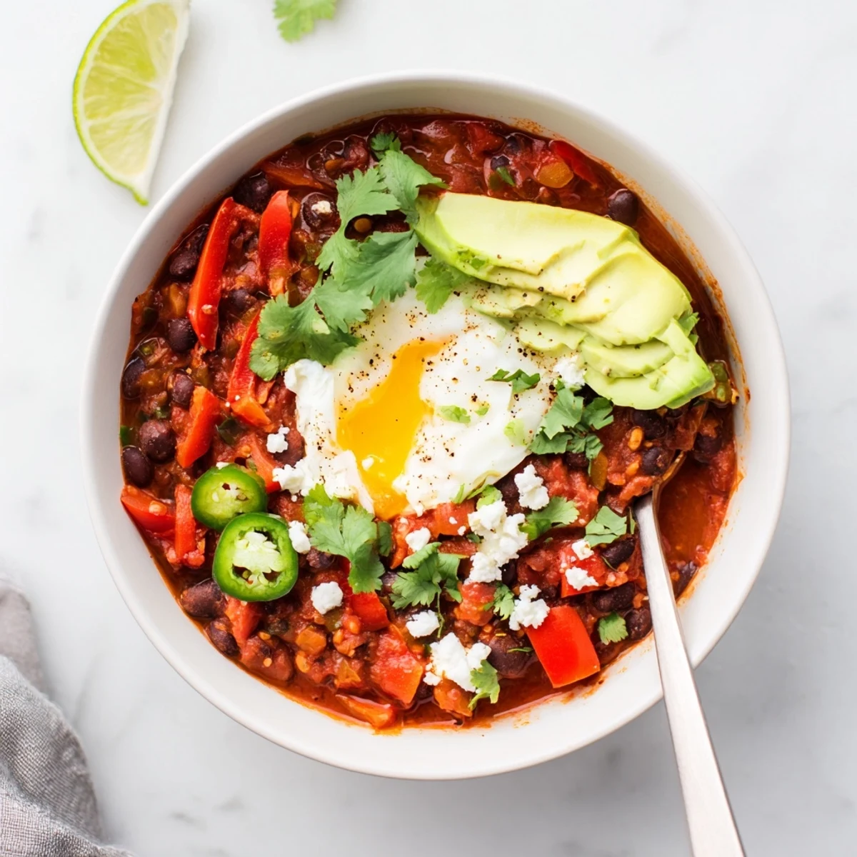 Mexican braised beans simmered with aromatic spices topped with a jammy soft-boiled egg