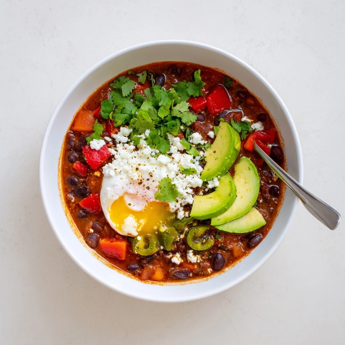 Vibrant Mexican braised beans garnished with fresh cilantro avocado slices and soft-boiled egg