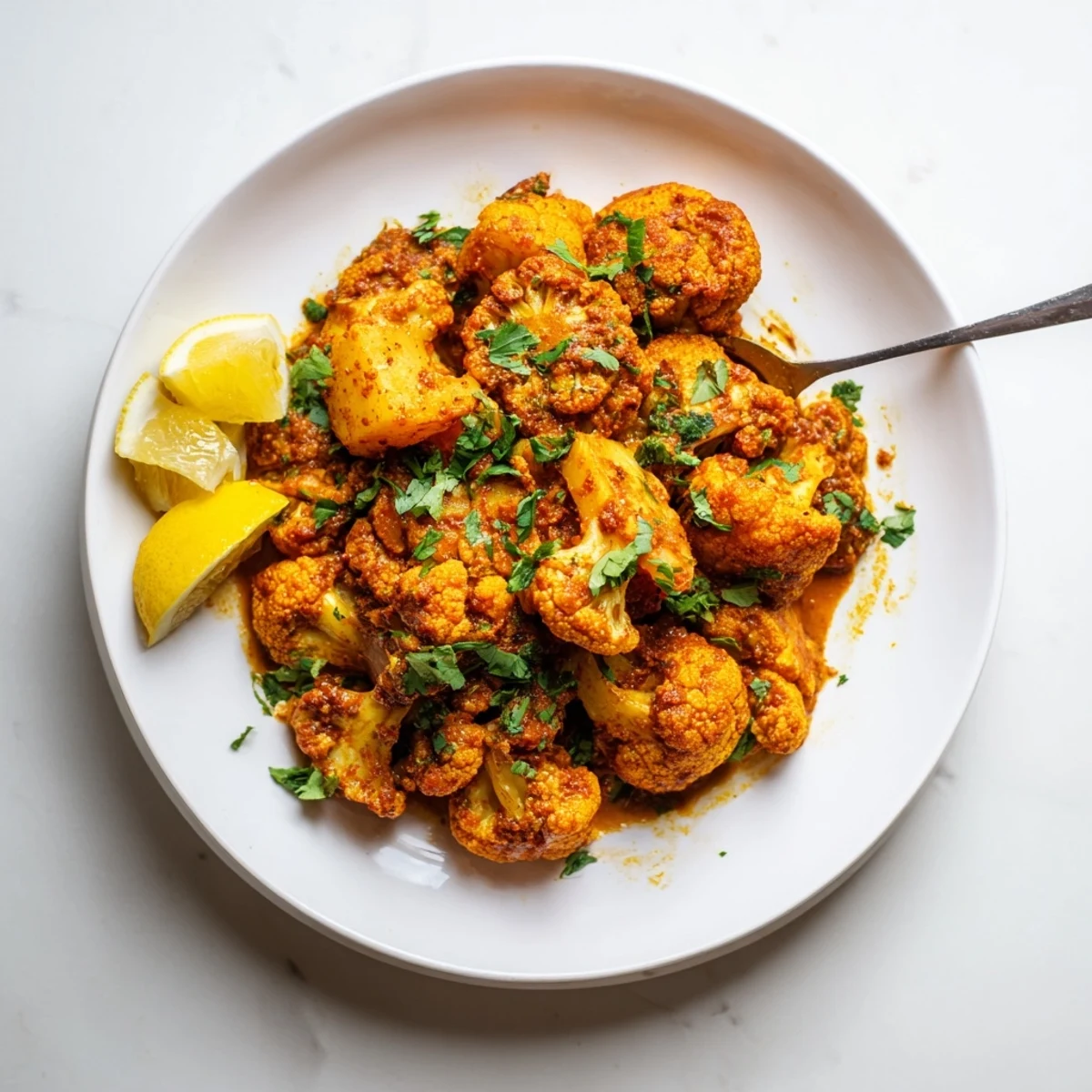 Golden cauliflower and tender potatoes swimming in rich buttery tomato sauce infused with aromatic Indian spices