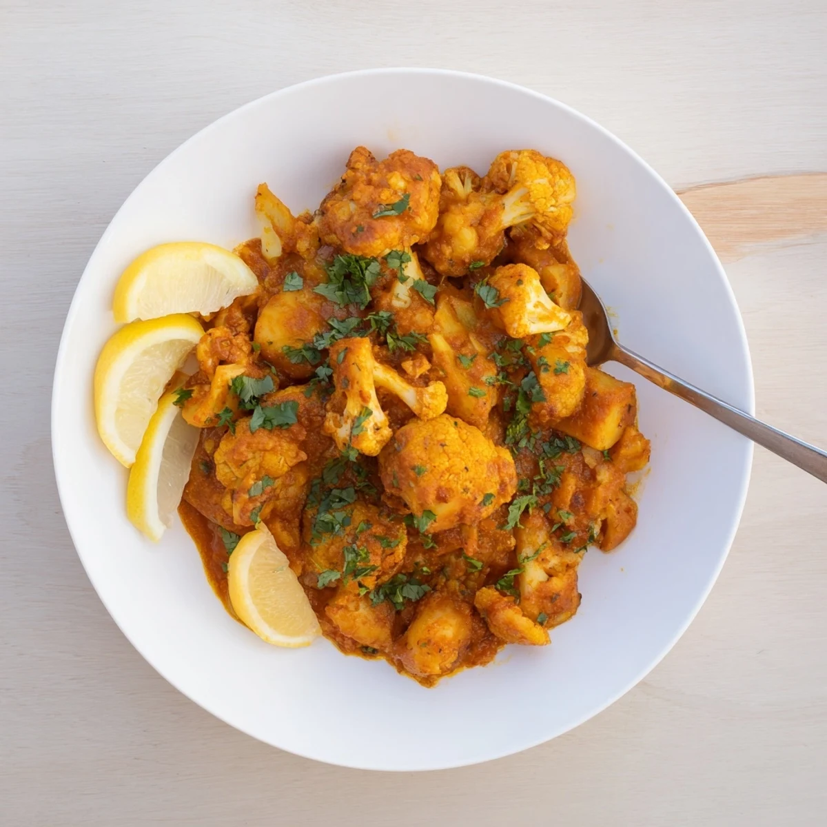 Creamy Indian butter spiced potatoes and cauliflower dish garnished with fresh cilantro and served alongside warm naan