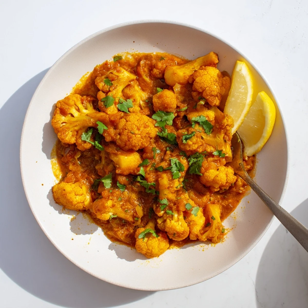 Savory vegetable curry featuring potatoes and cauliflower florets coated in a spiced tomato cream sauce
