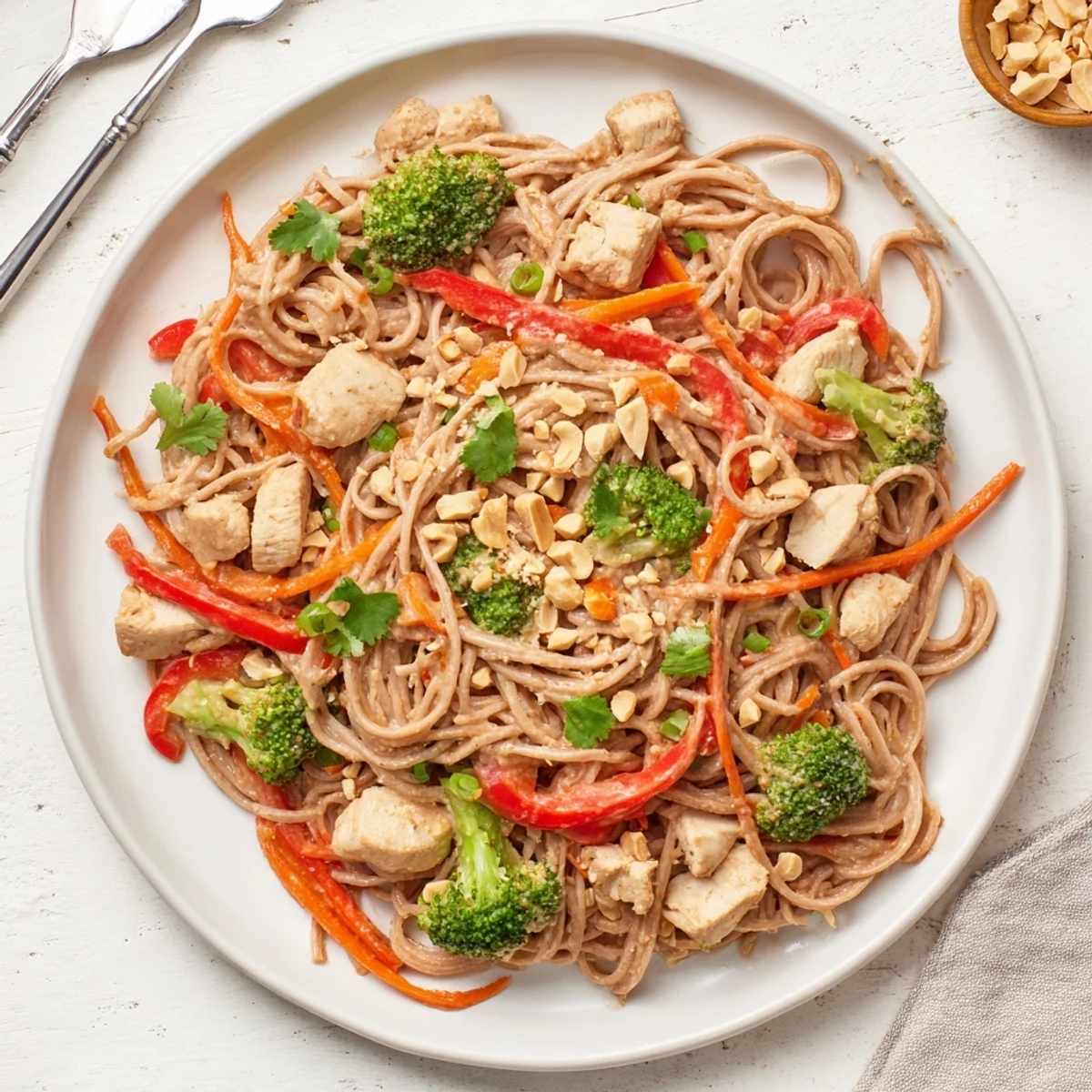 Close-up of creamy peanut sauce coating tender chicken pieces and colorful vegetables over whole wheat noodles
